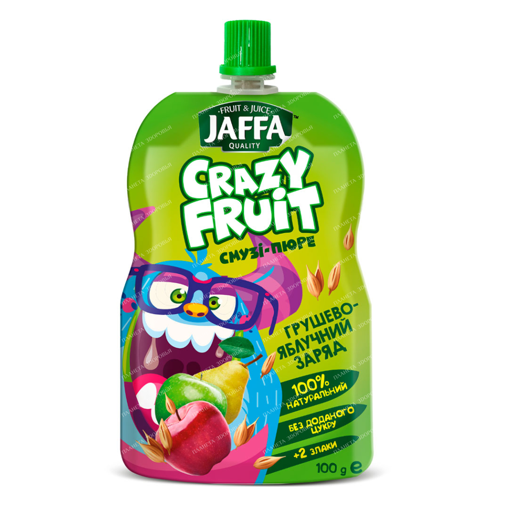 JAFFA Crazy Fruit Фруктовый десерт «Смузи-пюре из груш и яблок перетертых  со злаками «Грушево-яблочный заряд» стерилизованный 100г - купить,  инструкция, применение, цена, аналоги, состав