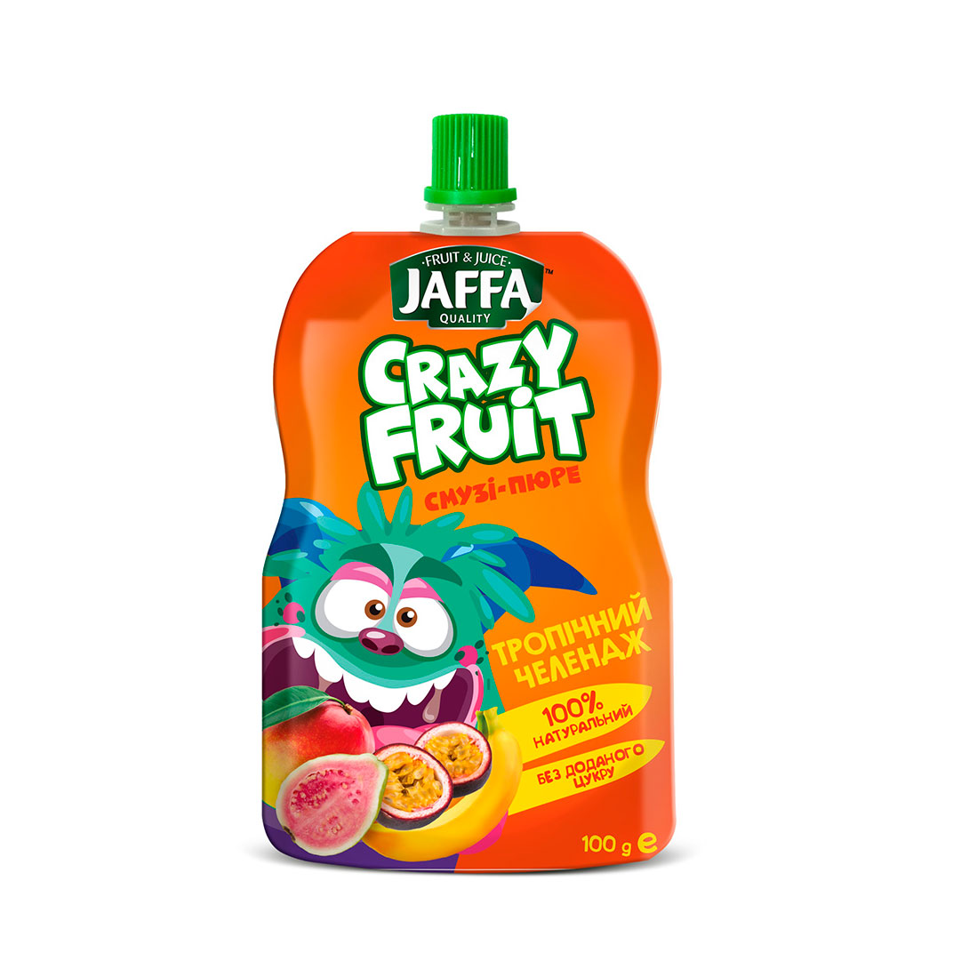 JAFFA Crazy Fruit Фруктовый десерт «Смузи-пюре из перетертых манго,  бананов, яблок, гуавы с маракуей «Тропический челендж» стерилизованный 100г  - купить, инструкция, применение, цена, аналоги, состав